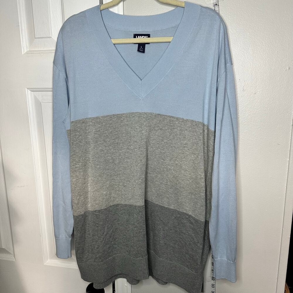 Lands End Sweater Large 14 16 Color block Blue Gray - Picture 3 of 13